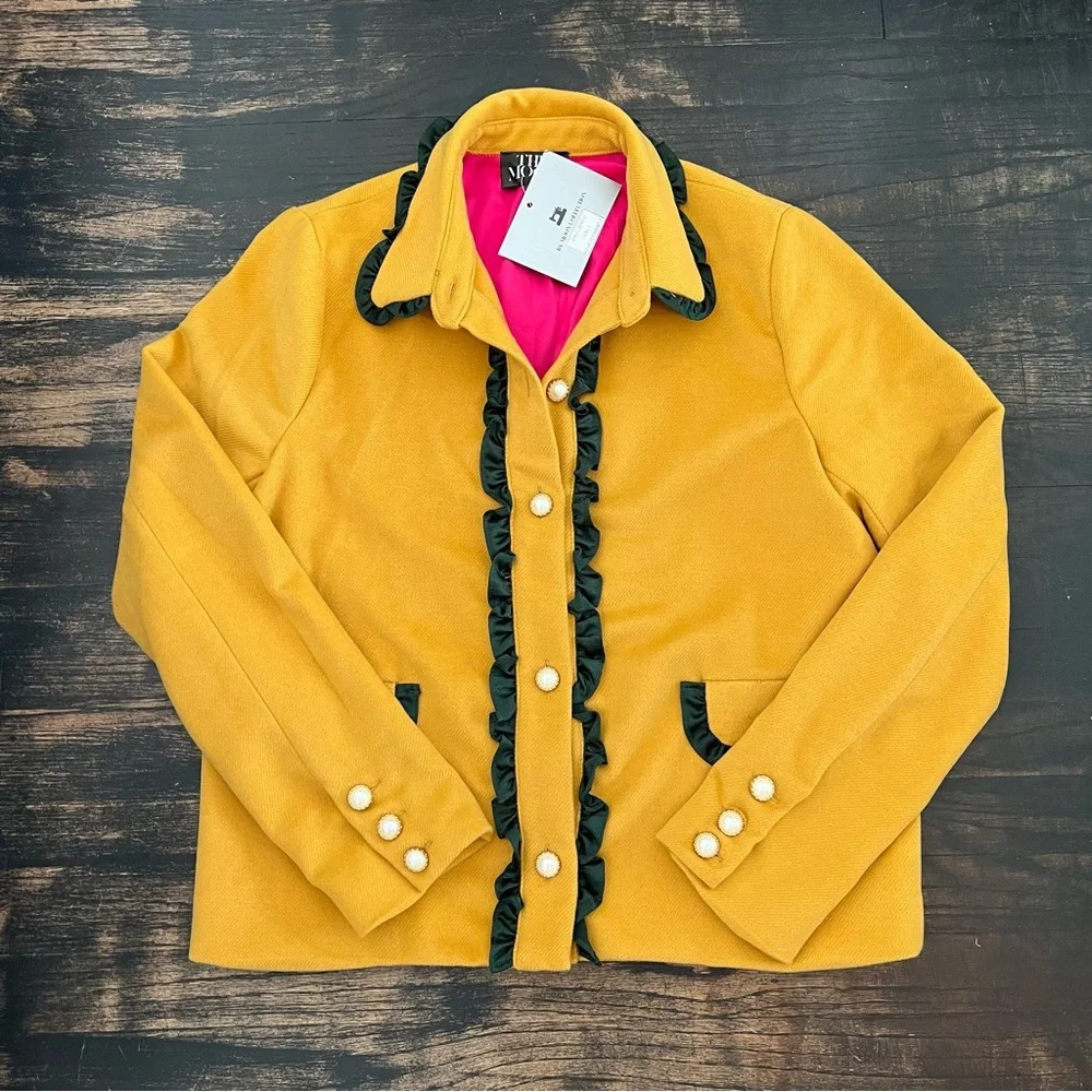 New The Moon Mustard Yellow Blazer green ruffle trim pearl buttons Preppy Small